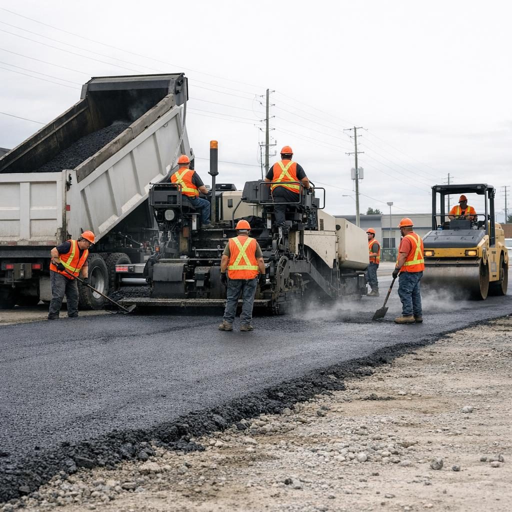 Magnum Paving crew laying and compacting fresh asphalt with dump truck, paver, and roller on a GTA roadway project