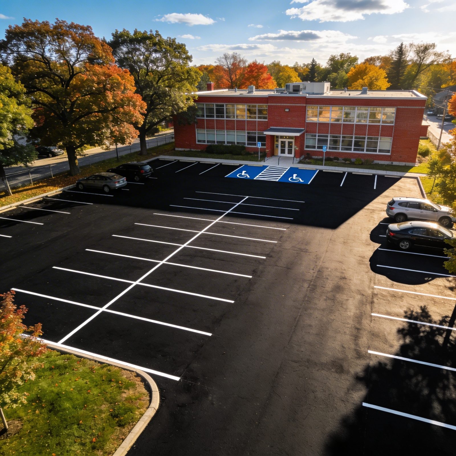 Newly paved asphalt parking lot with fresh white line striping and accessible spaces at a GTA commercial building