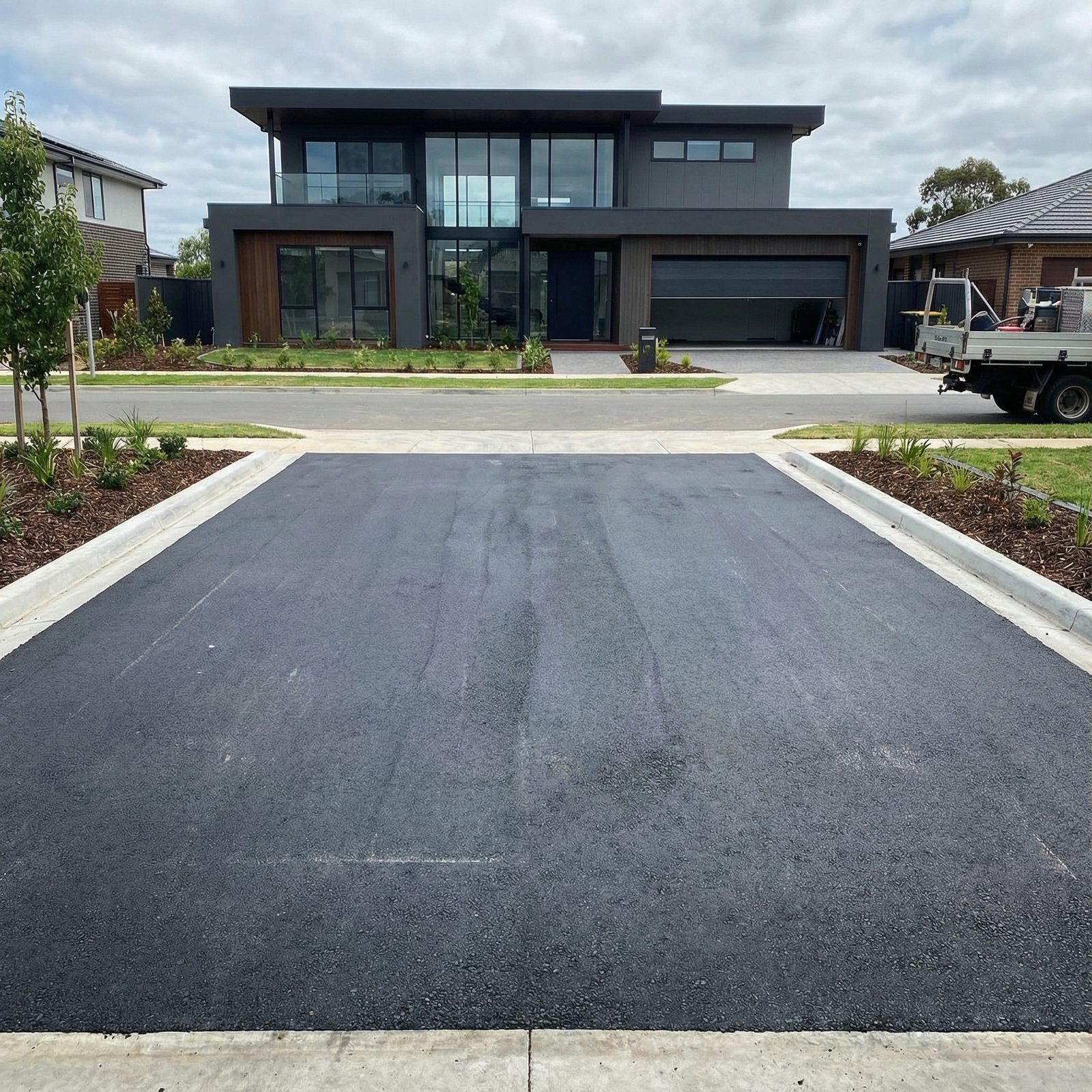 Newly paved black asphalt driveway with concrete edging in front of a modern two-storey home in the GTA